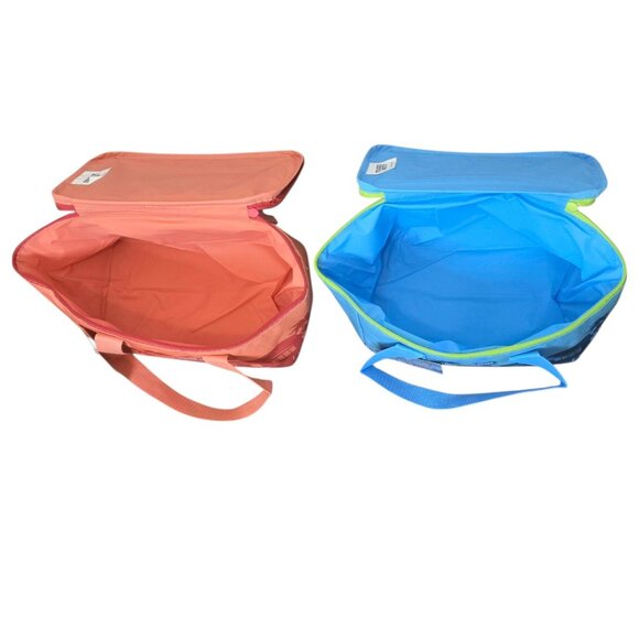 Trader Joe's 2 Pack Mini Insulated Bags Peach & Blue Foldable Lunch Travel NWT - Picture 2 of 3